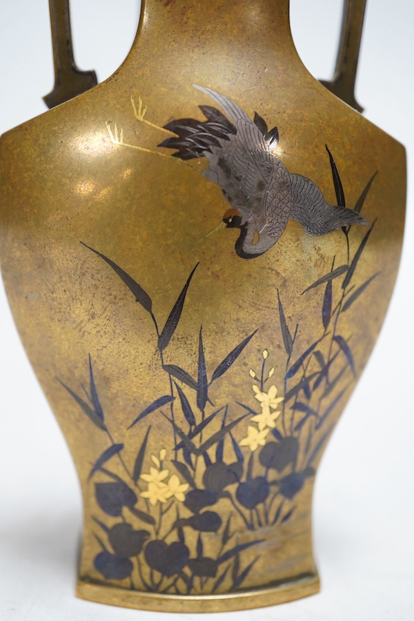 A Japanese inlaid twin handled miniature vase, Nogawa workshop, Meiji period, 10.5cm. Condition - fair to good, some light scratches